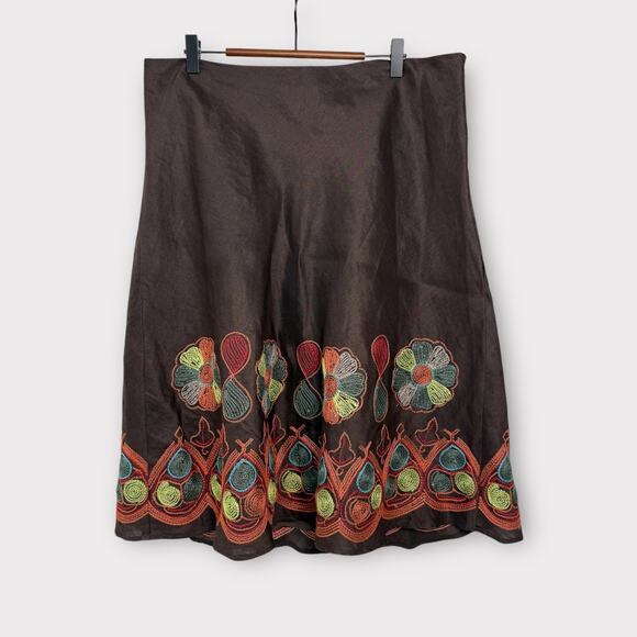 Anne Carson‎ A-Line Skirt Size 12 Brown 100% Linen Floral Embroidered Retro - Picture 1 of 8